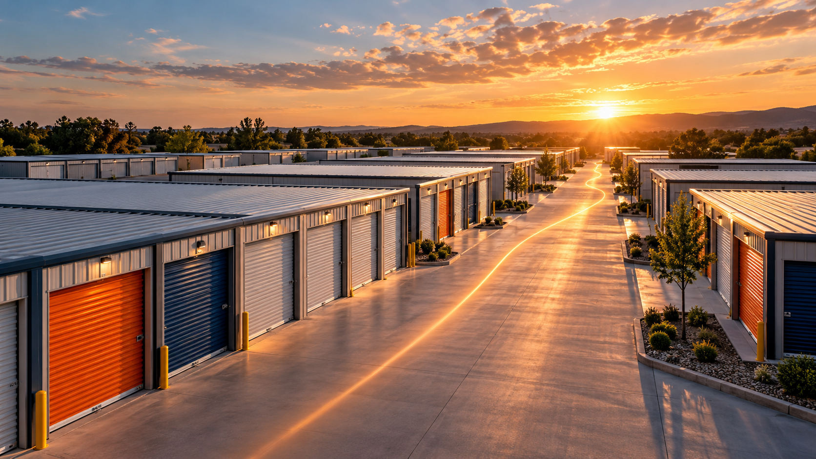 Self-storage facility at sunset, with rows of storage units along a central drive